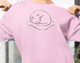 Sleeping Cat Line Art Sweatshirt | Minimal Cat Illustration