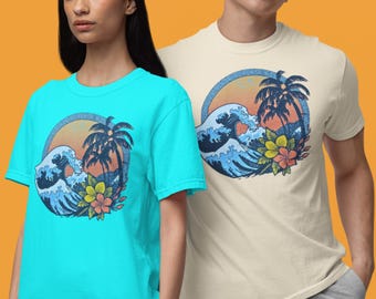 Tropisches Wellen-Sonnenuntergang-T-Shirt | Palmen, Meereswellen, Hibiskus