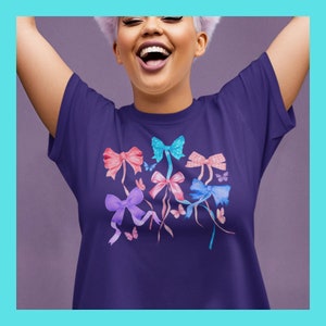 Pink Bow T Shirt, Cute Ribbon Shirt, Womens Ribbon Tee, Cute Bow and Butterflies Shirt