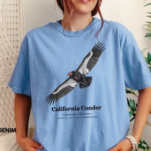 May include: Pale blue t-shirt with a graphic of a California Condor in flight. The text "California Condor" and scientific name are printed below the bird, with "LISTED AS CRITICALLY ENDANGERED" underneath. The shirt is labeled "WASH DENIM" and "Size Large".
