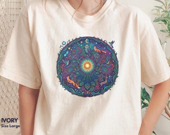 Cosmic Mandala with Foxes Owls Deers T-shirt | Psychedelic Sun Spiral Tee