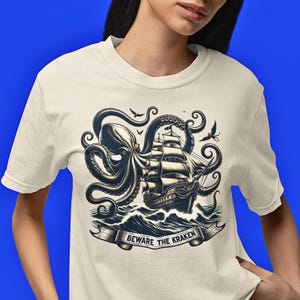 Personalized Kraken Attack Unisex T-shirt, Octopus Sea Monster Tee, Funny Nautical Shirt, Mythical Creature Top, Vintage Style Graphic Tee