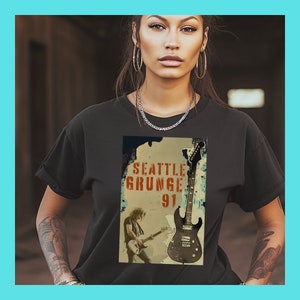 Puede incluir: Una camiseta negra con un estampado gráfico de una guitarra y el texto "Seattle Grunge 91".