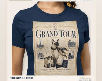 Maglietta con poster di viaggio vintage "Citizen Cat Grand Tour" / Parigi, Riviera, Venezia, Kyoto