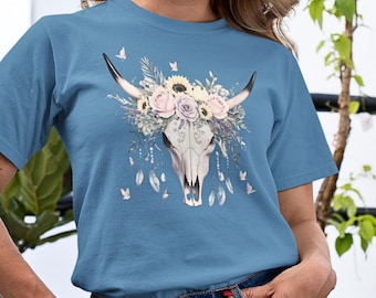 Boho Cow Skull T-shirt: Muted Floral Southwest Graphic Tee