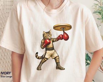 Boxing Cat Illustration T-shirt | Vintage Fighter Cat with Gloves and Punching Speed Bag