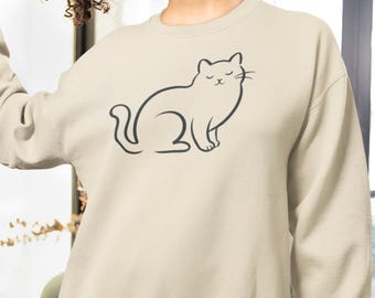 Minimal Line Cat Sweatshirt | Cute Outline Kitty Crewneck