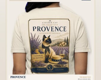Maglietta con poster di viaggio del gatto della Provenza / Maglietta grafica vintage con lavanda francese Citizen Cat