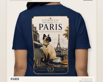 Maglietta con gatto siamese di Parigi / Maglietta con poster di viaggio vintage di un caffè francese e gatto cittadino