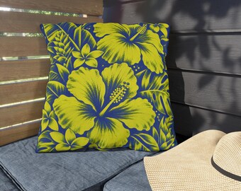 Yellow Hibiscus Tropical Floral Outdoor Pillow | Blue Background