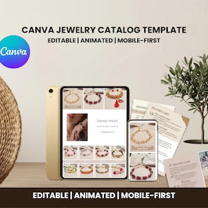 Puede incluir: Una plantilla de catálogo de joyería digital para Canva mostrada en una tableta y un teléfono inteligente. La pantalla muestra una cuadrícula de imágenes de joyas, incluyendo pulseras y collares, con el texto Ziyuar Jewelry. El diseño es editable, animado y optimizado para móviles.