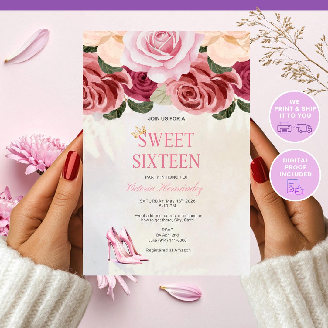 Sweet 16 Pink Roses Sweet Sixteen Invitation Pink Roses Elegant Printed | Print Services ...