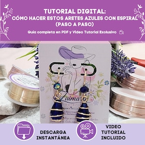 May include: A digital tutorial for making blue spiral earrings, featuring a PDF guide and video. The display card shows a line drawing of a person wearing earrings with dark blue teardrop beads wrapped in gold wire and small blue accent beads.