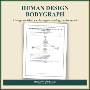 May include: A 6-page Human Design Bodygraph worksheet set in a digital format. The document features a central bodygraph diagram with labeled centers including Head, Ajna, Throat, G Identity, Heart, Solar Plexus, Sacral, Spleen, and Root, with text.