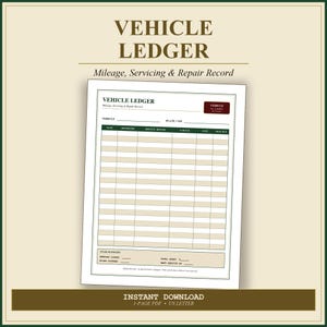May include: A printable vehicle ledger document featuring a grid for tracking mileage, servicing, and repairs. The form includes headers for date, odometer, service, garage, cost, and next due, with a year summary section at the bottom for totals.