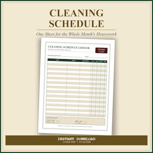 Op de afbeelding: Een afdrukbaar schoonmaakschema met een witte achtergrond, donkergroene koppen en beige rijen. Het document bevat kolommen voor taken, kamers, frequentie en vier wekelijkse selectievakjes, met onderaan een maandelijkse samenvatting.