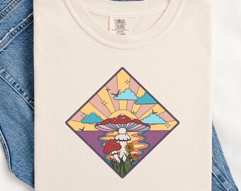 Retro Sunset Mushroom Graphic Tee - Komfortfarben - Boho Festival Fashion