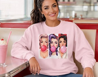 Retro Bubblegum Graphic Sweatshirt, Vintage-Inspired Pop Art Crewneck