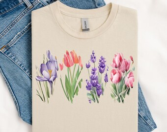 Blumen Shirt, Pinselstrich Design T-Shirt, süßes Frühlings Grafik T-Shirt, Pastell Frühling T-Shirt, Muttertagsgeschenk, Gartenliebhaber Shirt, Geschenk für sie