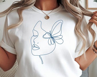 Minimalistische Linie Kunst Schmetterlings-Gesicht-T-Stück, modernes Boho-Oberteil, Damenhemd