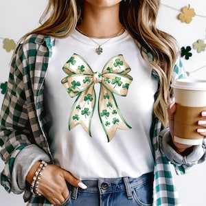 St. Patrick&#39;s Day Bow Tee, Croquette Bow Shirt, Cute Irish Shirt, Shamrock T-Shirt, Lucky Charm Apparel, Retro Bow Top, Gift For Her