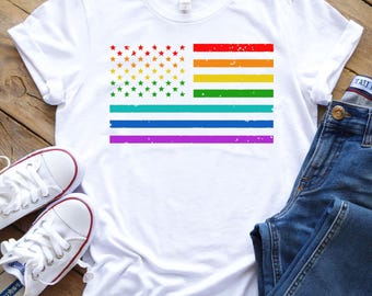 Pride Month T-Shirt, Rainbow American Flag Pride Shirt, LGBTQ Pride Flag Tee, Unisex Patriotic Pride Shirt, LGBTQ Gift, Pride Parade Top