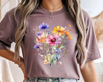 Aquarell Wildblumen T-Shirt, Boho Frühling Blumen T-Shirt