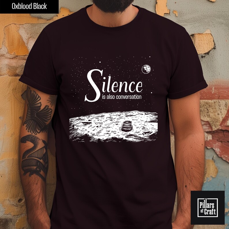 Silence is also conversation shirt, Philosophy shirt, Science shirt, Footprint on moon shirt, Thoughtful shirt, Astronomy shirt, Moon shirt, Moon landing, Earth as seen from moon, Thoughtful quotes, Starry night shirt, Meaningful quote on tshirt