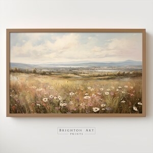 Printable Farmhouse Wildflowers Landscape Vintage Oil Painting, Muted Peaceful Spring Village Neutral Wall Art Spring Digital Download