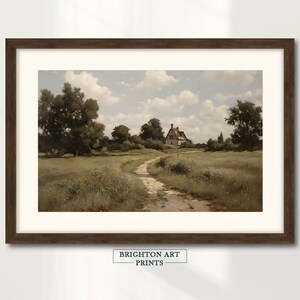 Printable Farmhouse Wildflowers Landscape Vintage Oil Painting, Muted Peaceful Spring Farmhouse Neutral Wall Art Spring Digital Download