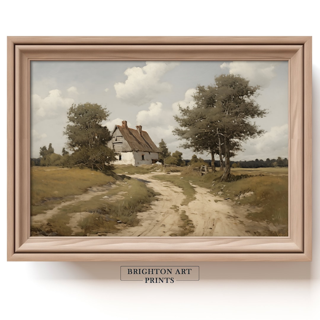 Printable Farmhouse Landscape Vintage Oil Painting, Muted Spring Print ...