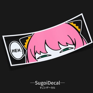 May include: A pink anime character with green eyes and yellow cat ears peeks out from behind a white speech bubble that says "HEH."