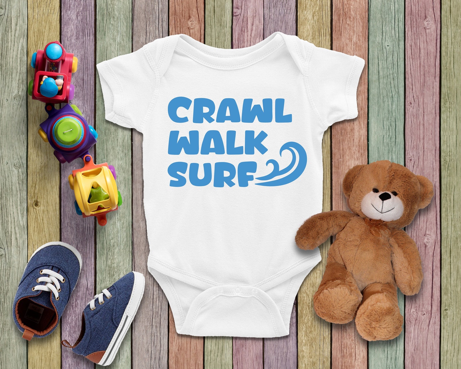 Hawaii Surfing Gifts featured by top Hawaii blog, Hawaii Travel with Kids: Crawl Walk Surf Baby Onesies® Surfer Onesie® Surf Onesie® Gray + Black font