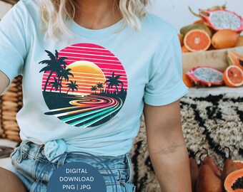 Neon Retro Beach Sunset Png Sublimation Design, Sunset Background Png, Summer Palm Png, Summer Background Png, Distressed Summer Png Design