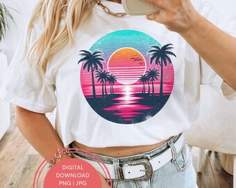 Neon Retro Beach Sunset Png Sublimation Design, Summer Palm Png, Sunset Background Png, Summer Background Png, Distressed Summer Png