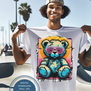 Neon Tattered Teddy Bear Png Cool Bear Png, Cartoon Teddy Bear, Ripped Teddy Streetwear Sublimation designs For Urban Design And Streetwear