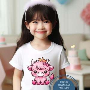 Cute Princess Highland Cow Clipart, Highland Cow Shirt Design, Pink Cow, Coquette Png, Highland Cow Png, Highland Cow Art, Sublimation Jpg