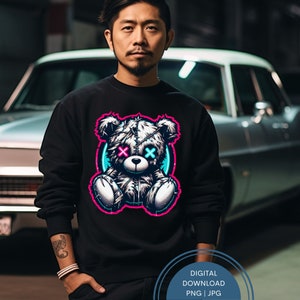 Neon Tattered Teddy Bear Png Cool Bear Png, Cartoon Teddy Bear, Ripped Teddy Streetwear Sublimation designs For Urban Design And Streetwear