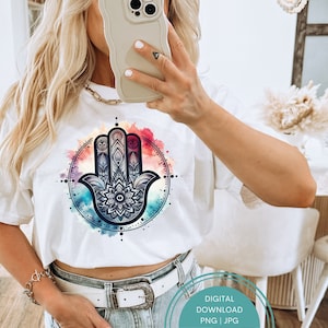 Watercolor Hamsa Hand of Fatima Design PNG Graphic Design Digital Files Commercial use Sublimation, Hamsa Monogram, Instant Download