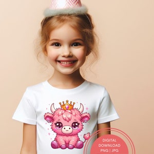 Cute Princess Highland Cow Clipart, Highland Cow Shirt Design, Pink Cow, Coquette Png, Highland Cow Png, Highland Cow Art, Sublimation Jpg
