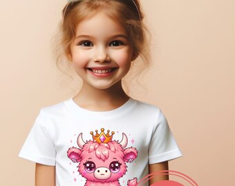 May include: A young girl wearing a white t-shirt with a pink, sparkly, cartoon cow wearing a gold crown. The cow has big eyes and a pink nose. The girl is smiling and wearing a pink and white party hat.