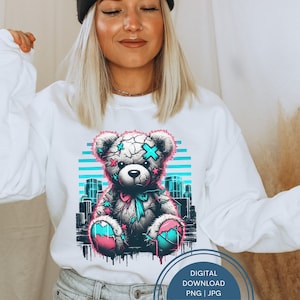 Neon Tattered Teddy Bear Png Cool Bear Png, Cartoon Teddy Bear, Ripped Teddy Streetwear Sublimation designs For Urban Design And Streetwear