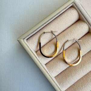 18K Gold Oval Hoop Earrings, Lightweight Two-Tone Hoops, Gold Earrings