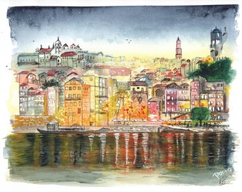 Watercolor Porto Promenade FineArt-Print after my original watercolor