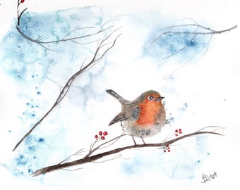 Handmade fine art print of a watercolor robin - Available in A5 & A4 on Hahnemühle Natural Line paper