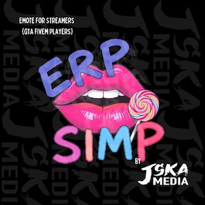 Puede incluir: Gráfico digital con labios rosas, el texto "ERP SIMP" en azul y rosa, y una piruleta. También están presentes los textos "EMOTE FOR STREAMERS (GTA FIVEM PLAYERS)" y "JSKA MEDIA" sobre un fondo negro.