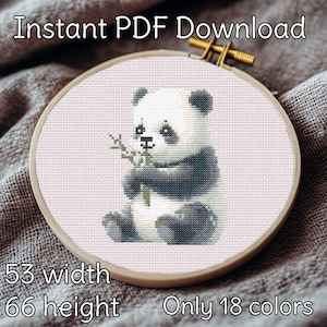 May include: Cross-stitch pattern of a panda bear holding bamboo, set in a wooden embroidery hoop. The text "Instant PDF Download" is at the top. The dimensions are 53 width and 66 height, with only 18 colors.