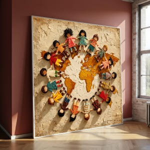 Könnte beinhalten: Ein großes gerahmtes Kunstwerk zeigt Kinder verschiedener Ethnien, die sich an den Händen halten und eine Weltkarte umrunden. Das Kunstwerk hat einen strukturierten, beigefarbenen Hintergrund mit einer goldbraunen Karte und bunten Figuren. Die Kinder tragen verschiedene Outfits.