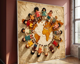 Diverse Children Holding Hands Around World Map Canvas, Global Unity Wall Art, Multicultural Kids Circle Canvas, Friendship Home Decor