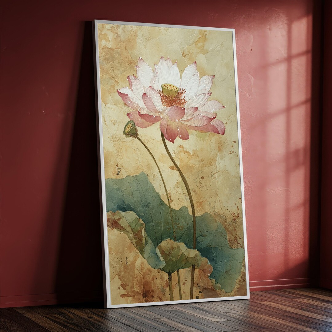 Elegant Lotus Flower Canvas Wall Art, Vintage Botanical Painting ...